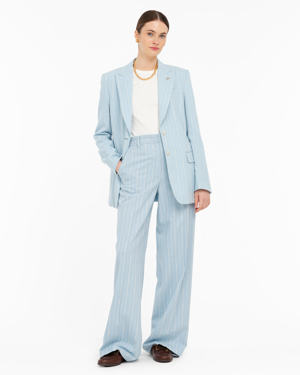 Pantalone ampio riga misto cotone celeste