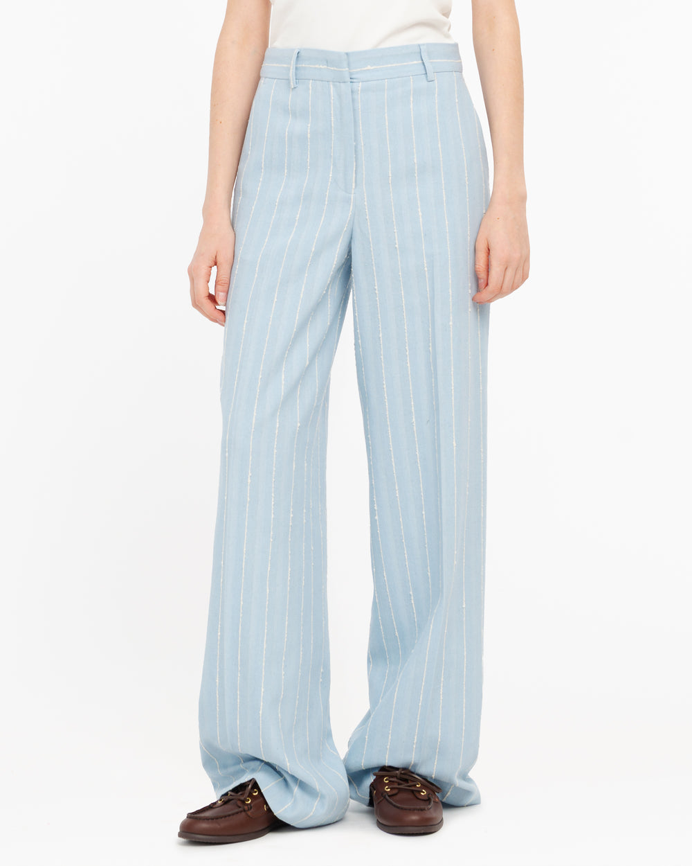 Pantalone ampio riga misto cotone celeste