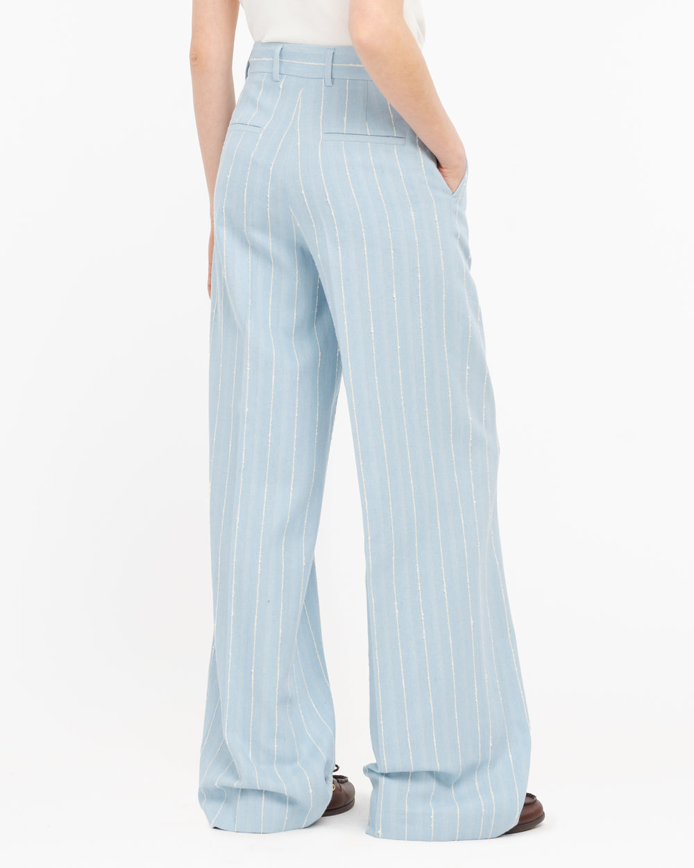 Pantalone ampio riga misto cotone celeste