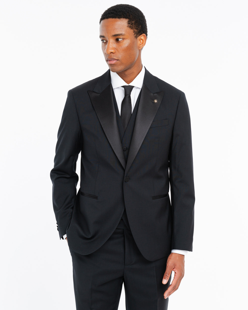 black suit with waistcoat in cool stretch wool