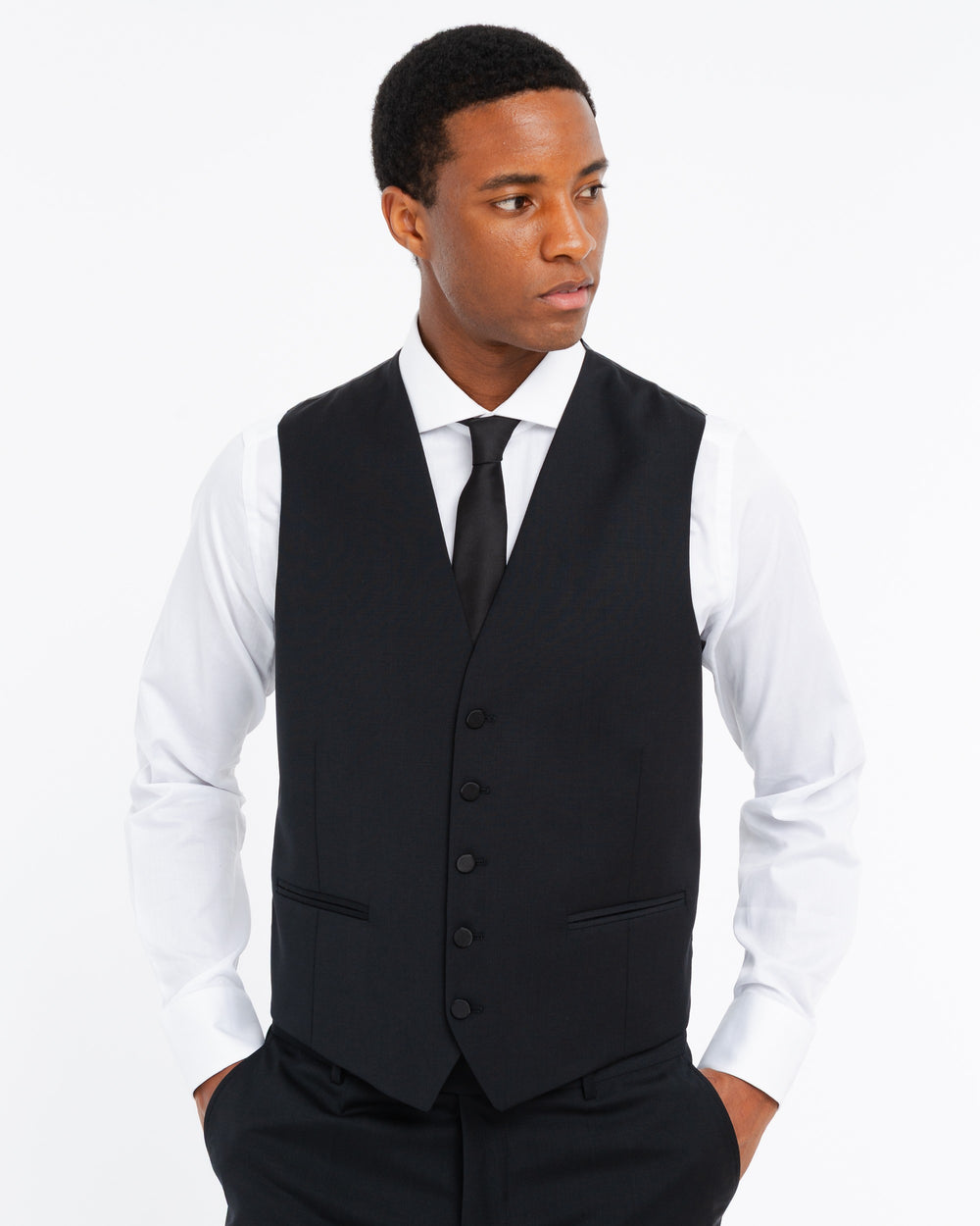 black suit with waistcoat in cool stretch wool