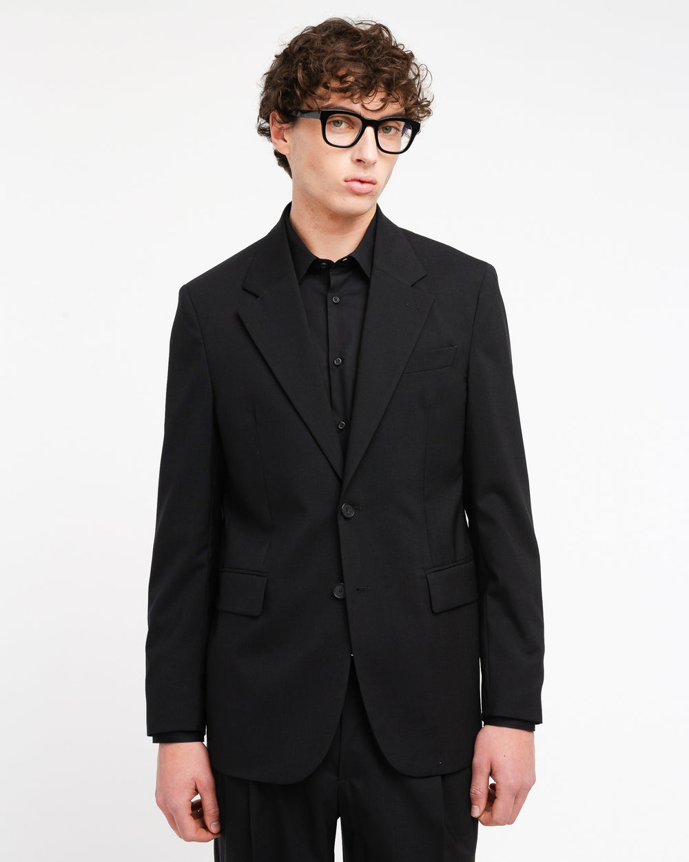 black relaxed fit cool stretch wool suit