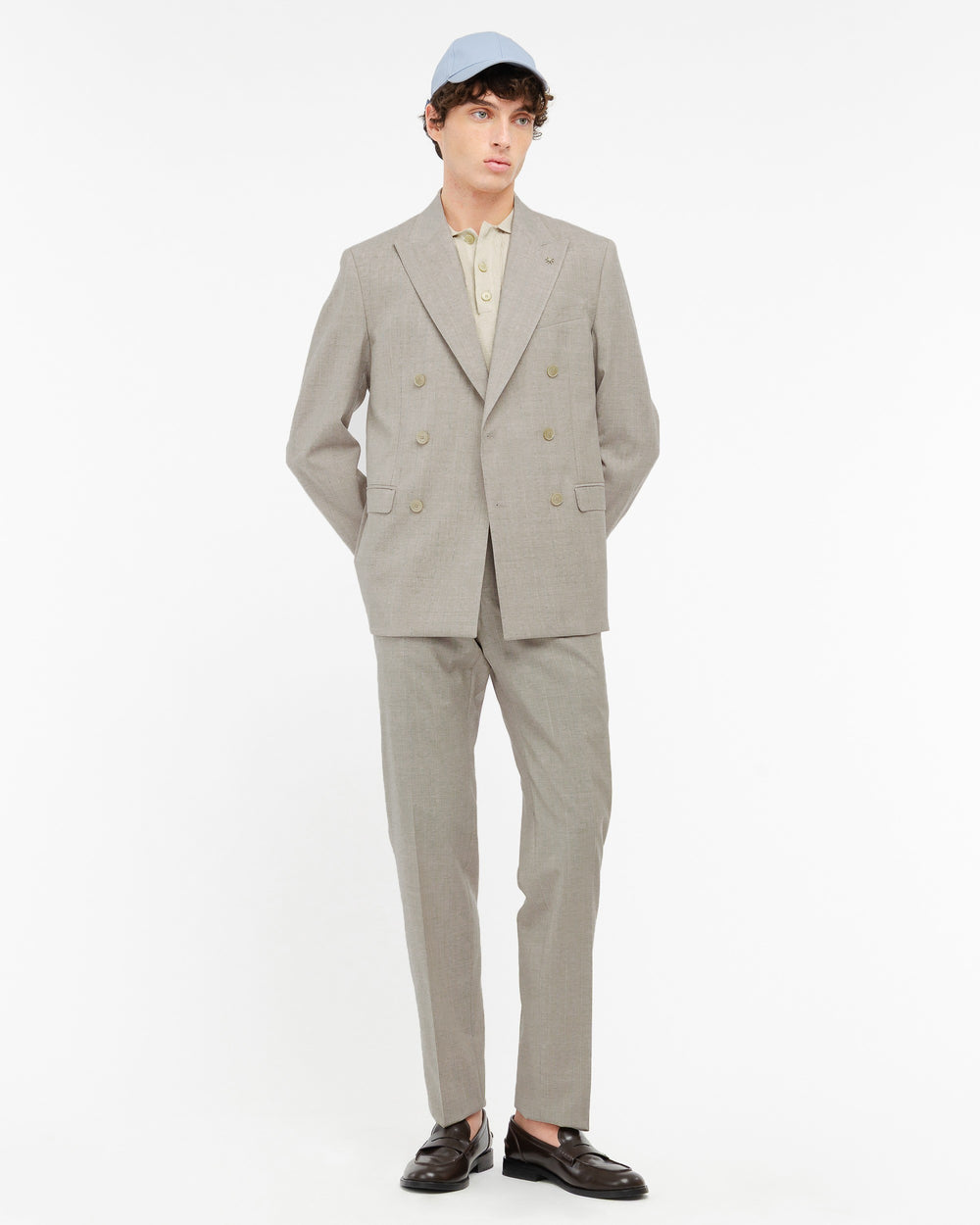 beige cool wool double breasted pinstripe suit