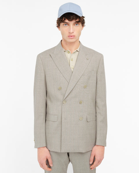 beige cool wool double breasted pinstripe suit