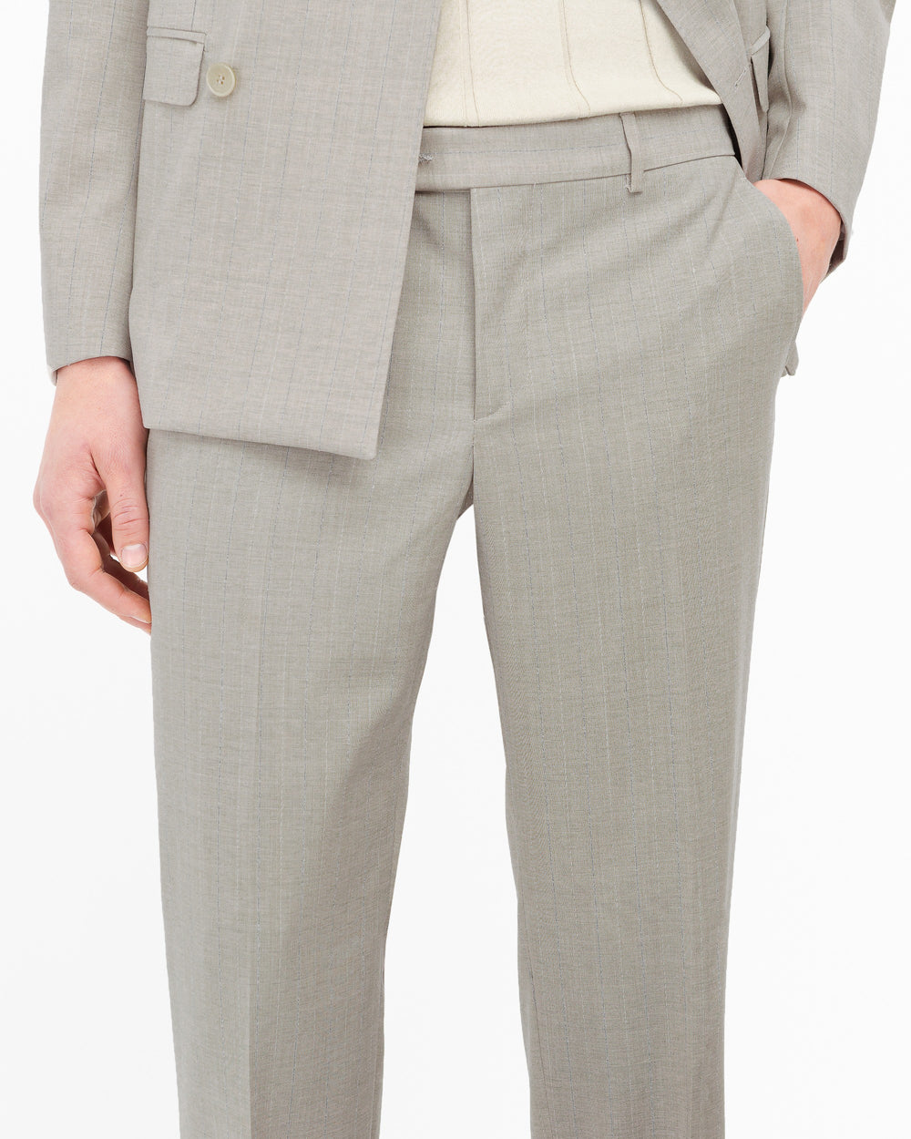 beige cool wool double breasted pinstripe suit