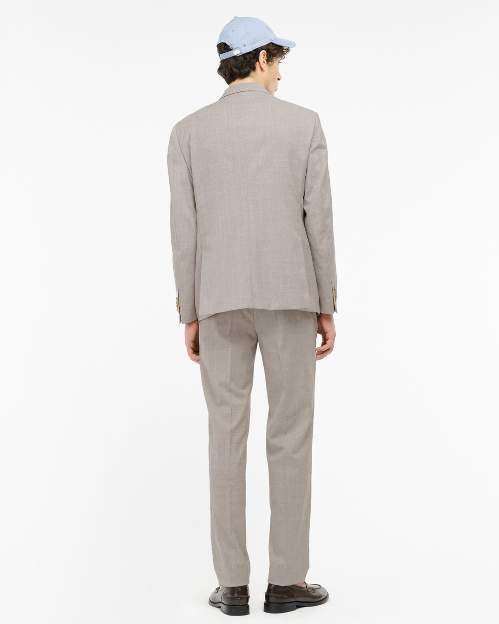 beige cool wool double breasted pinstripe suit