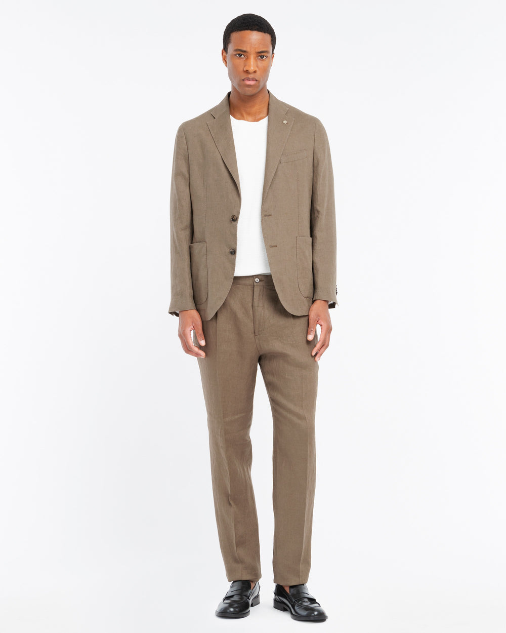 brown washed linen suit