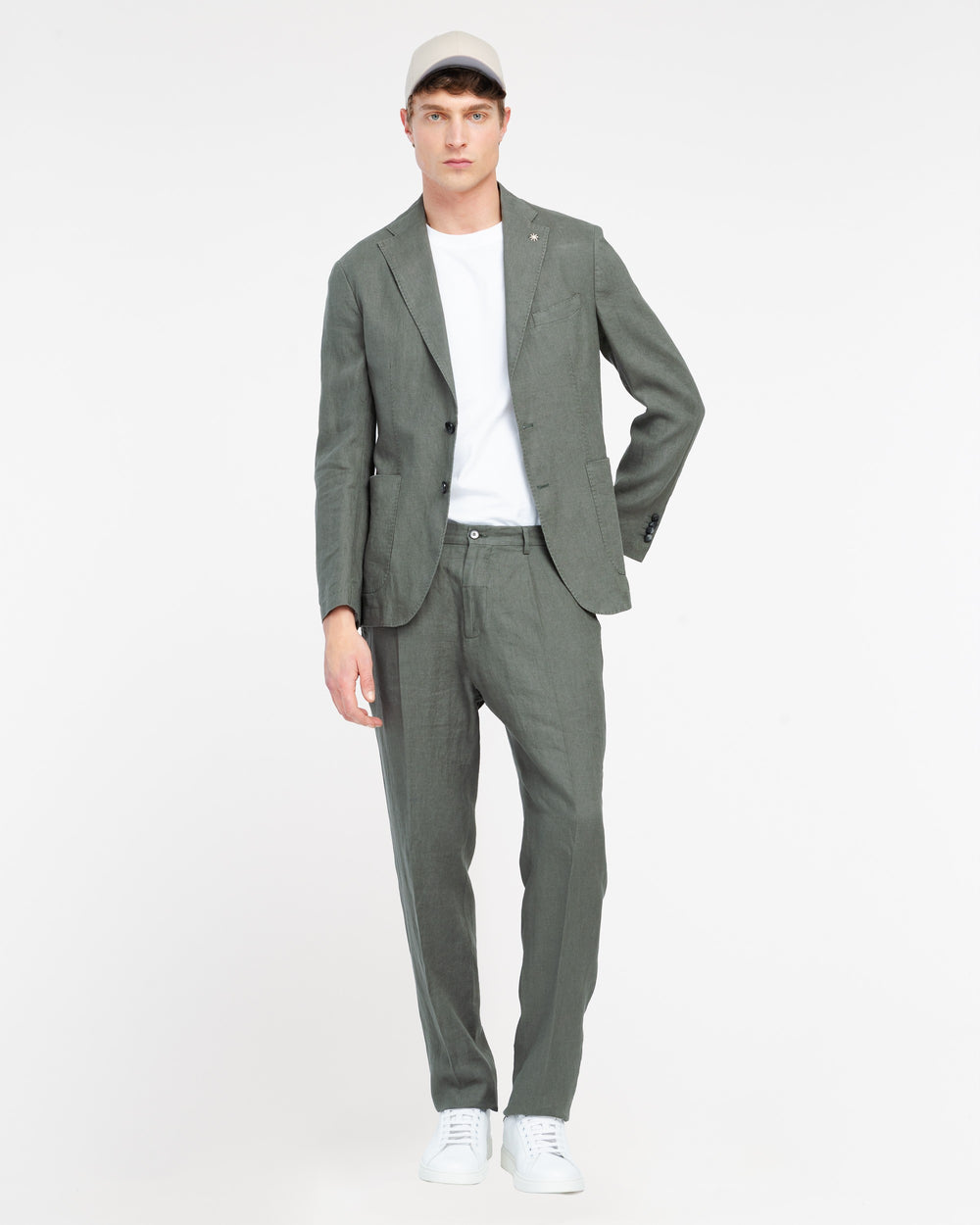 green washed linen suit