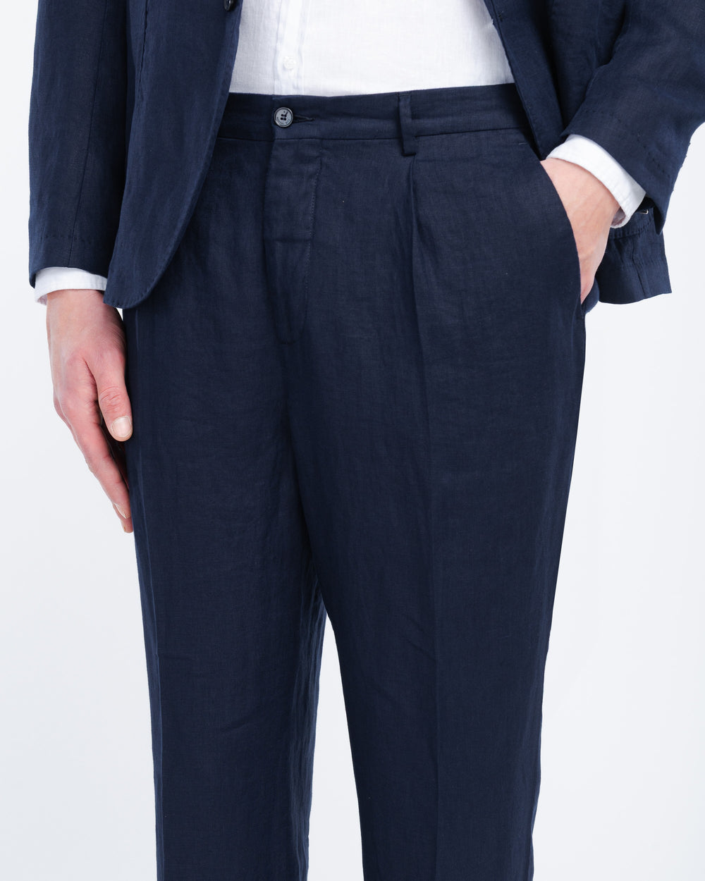 blue washed linen suit
