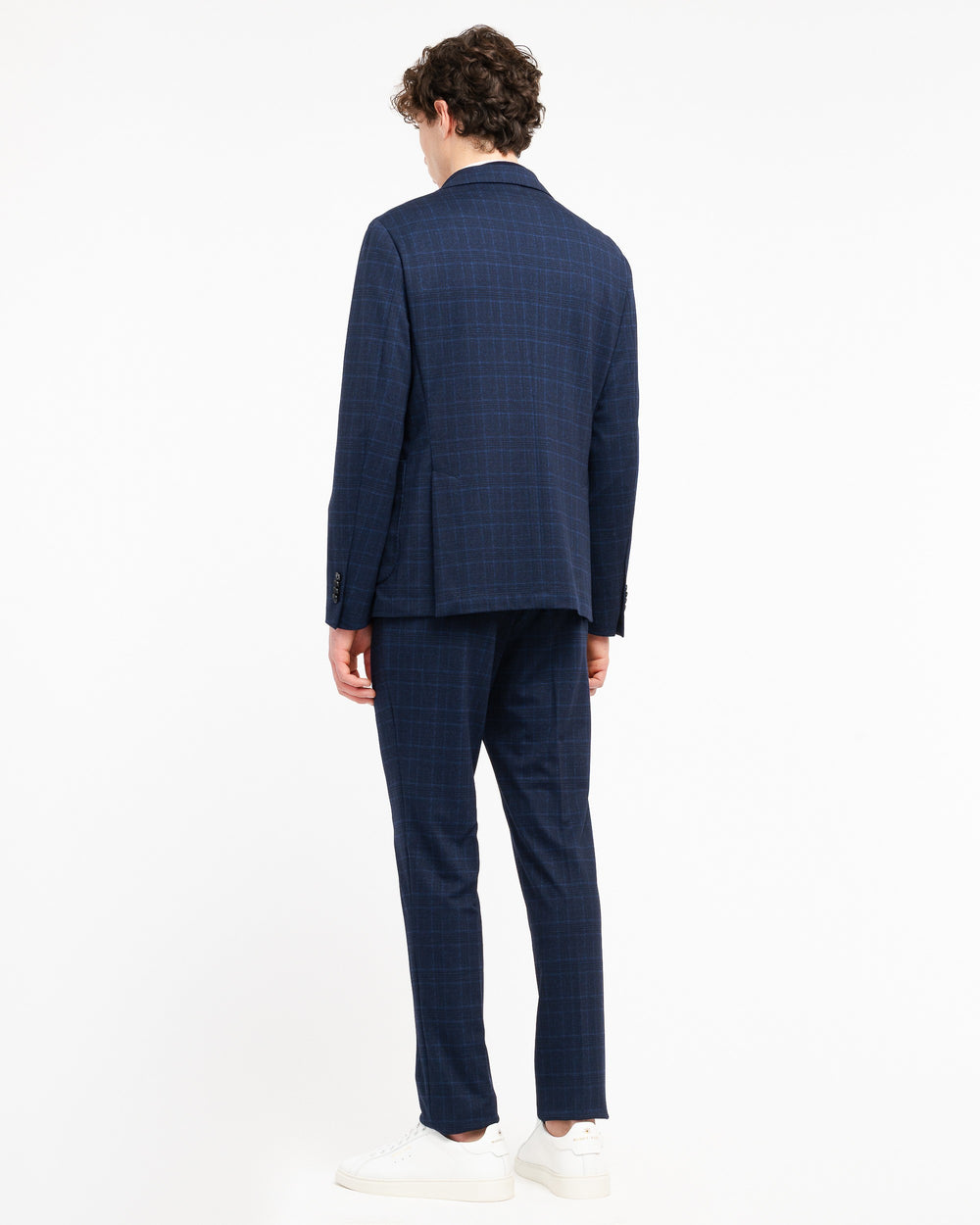 blue stretch viscose blend jersey check suit