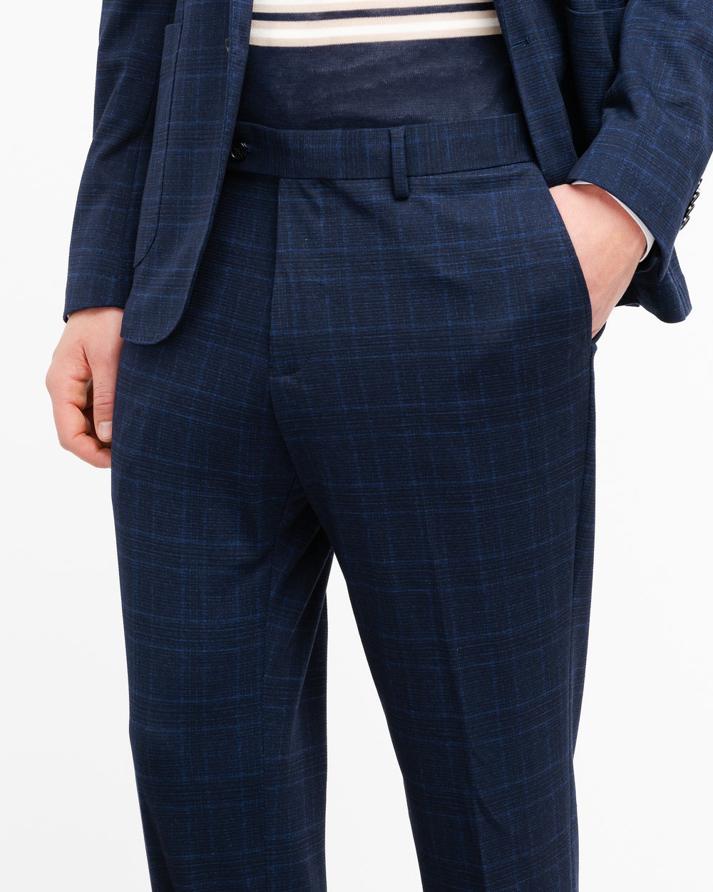 blue stretch viscose blend jersey check suit