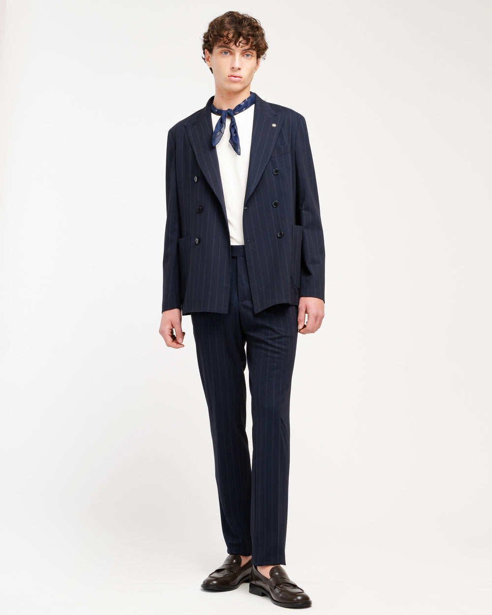 blue double breasted pinstriped viscose blend jersey suit
