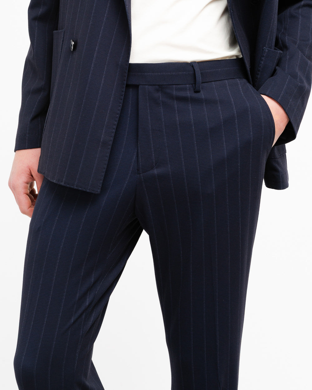 blue double breasted pinstriped viscose blend jersey suit