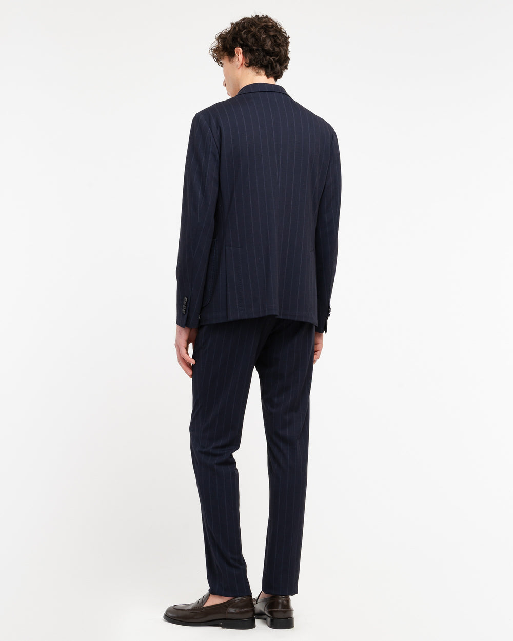 blue double breasted pinstriped viscose blend jersey suit