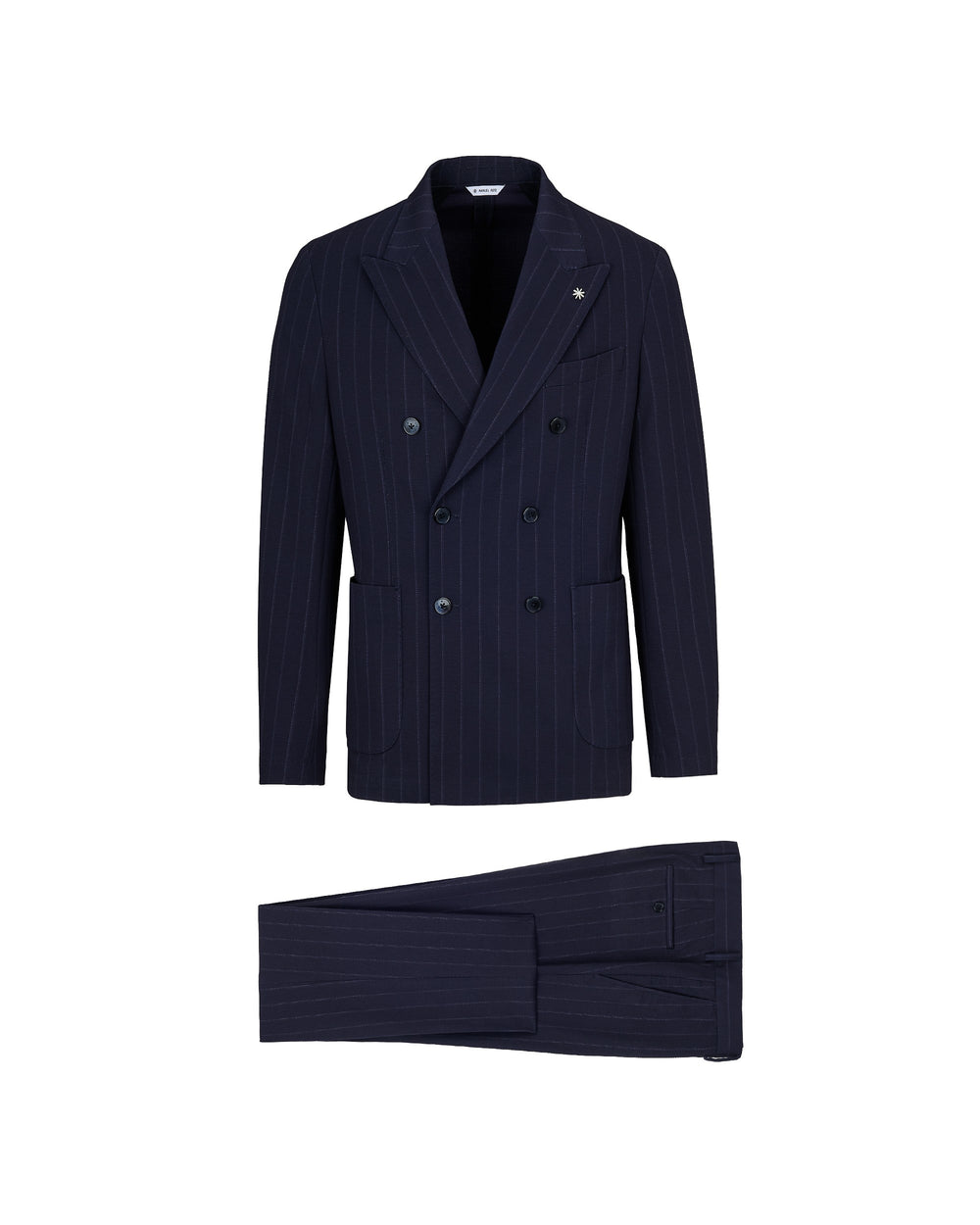 blue double breasted pinstriped viscose blend jersey suit