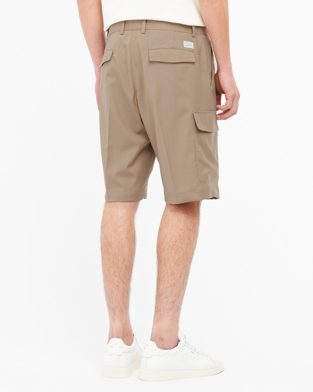 beige cool stretch wool cargo bermuda shorts