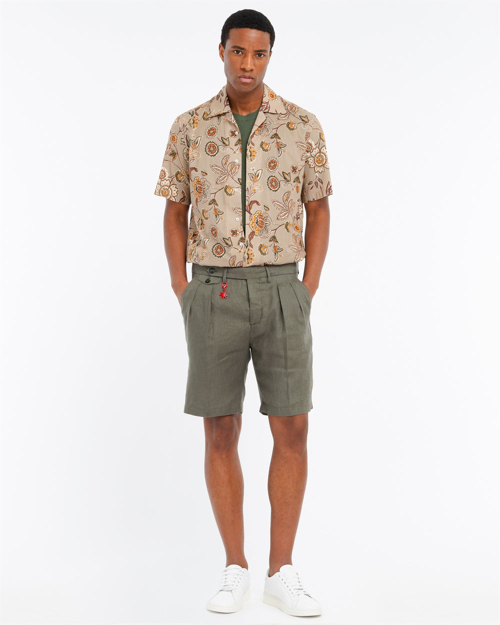 green relaxed washed linen bermuda shorts