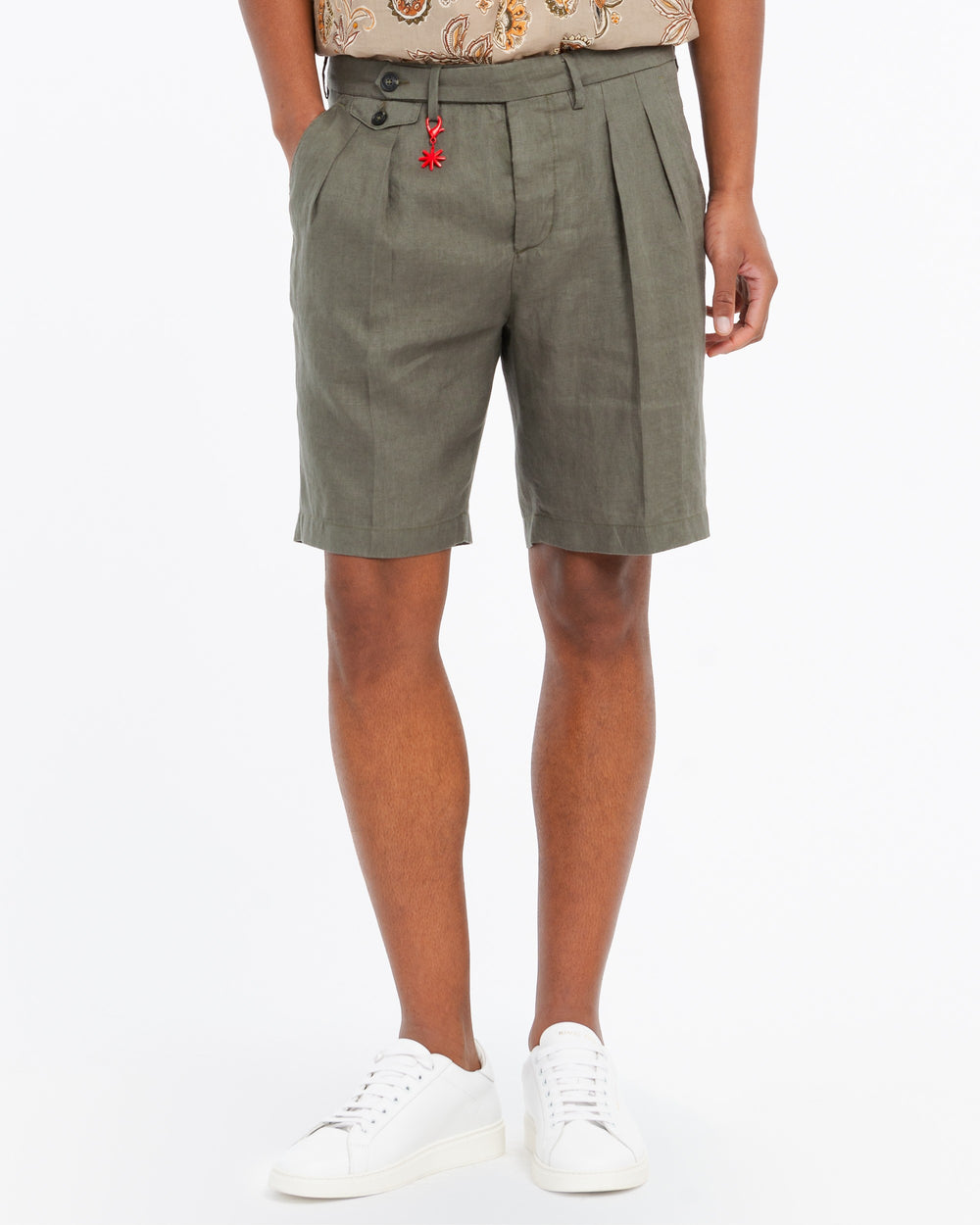 green relaxed washed linen bermuda shorts