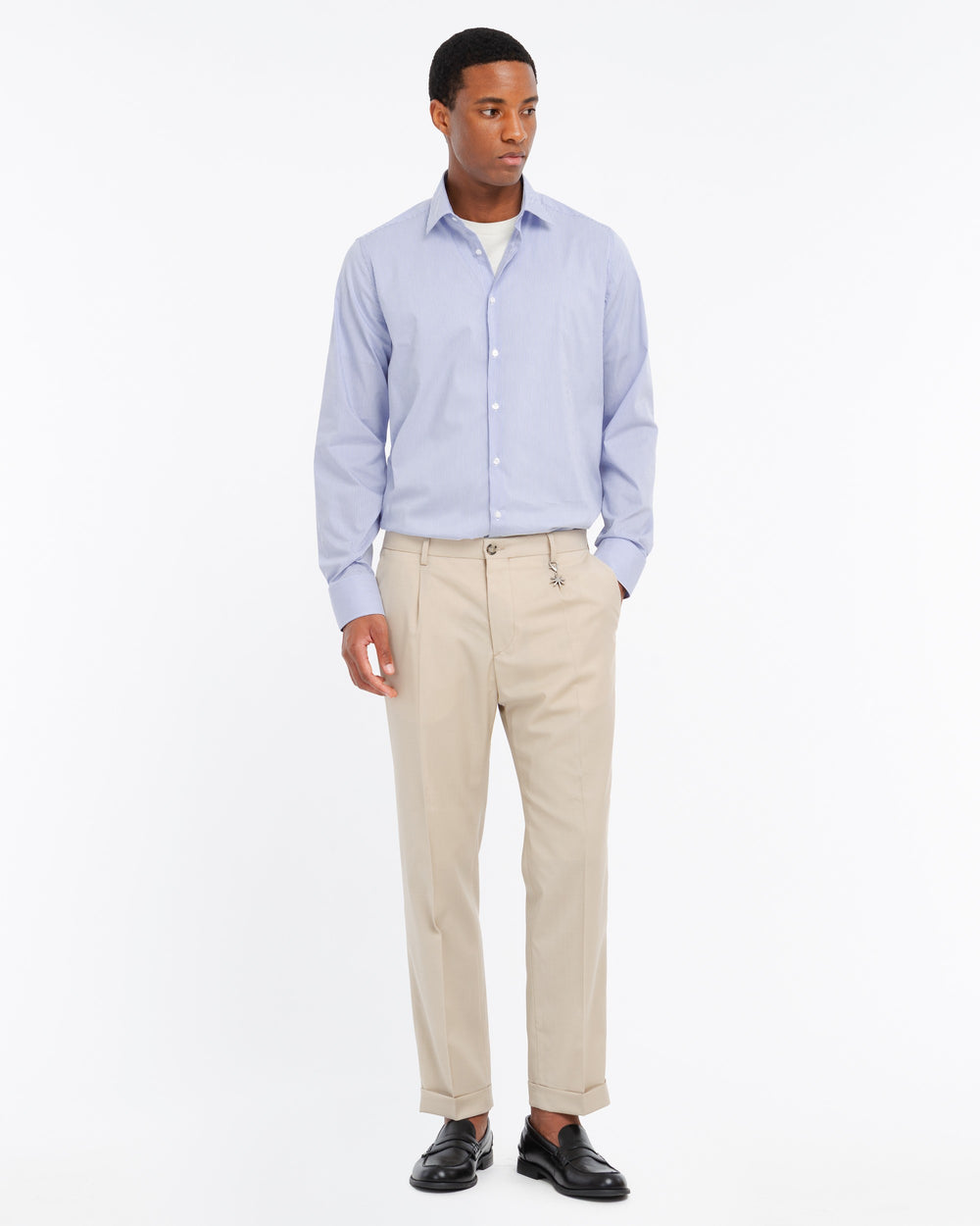 sky blue stretch cotton blend striped shirt