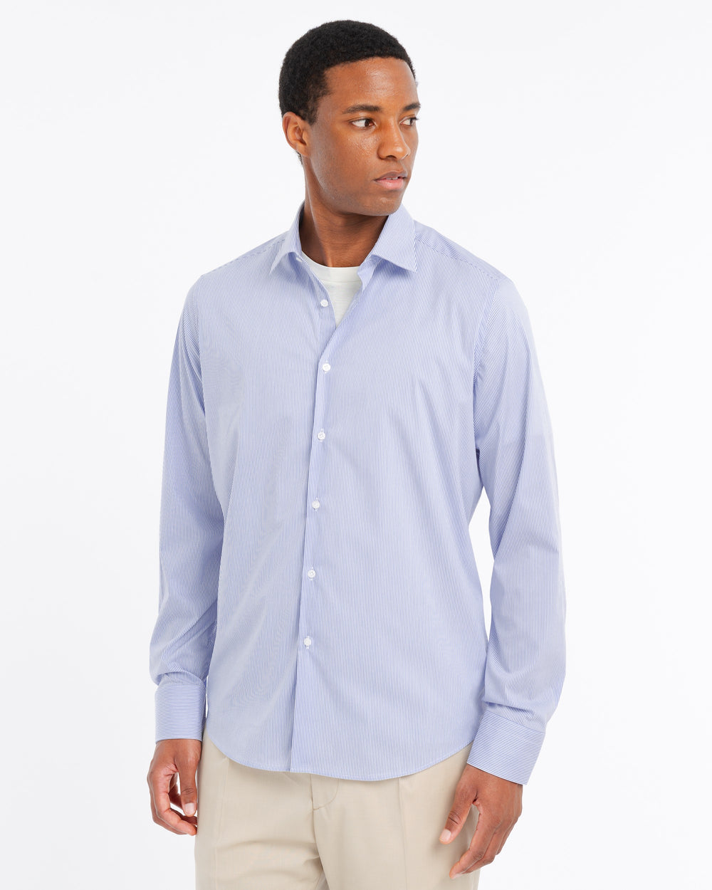 sky blue stretch cotton blend striped shirt