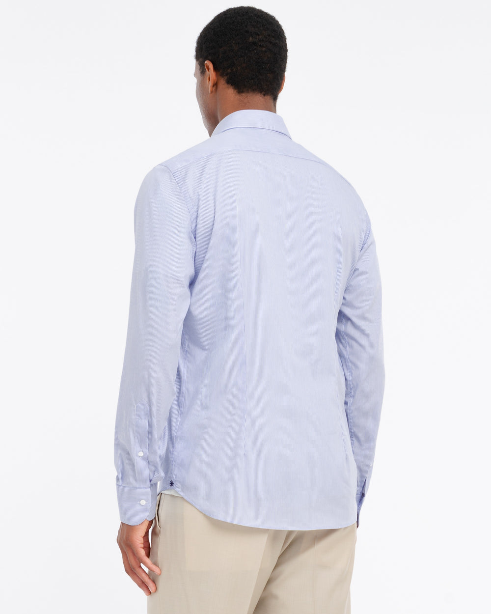 sky blue stretch cotton blend striped shirt