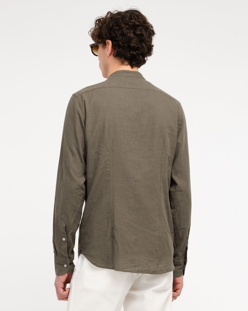 brown cotton linen korean collar shirt
