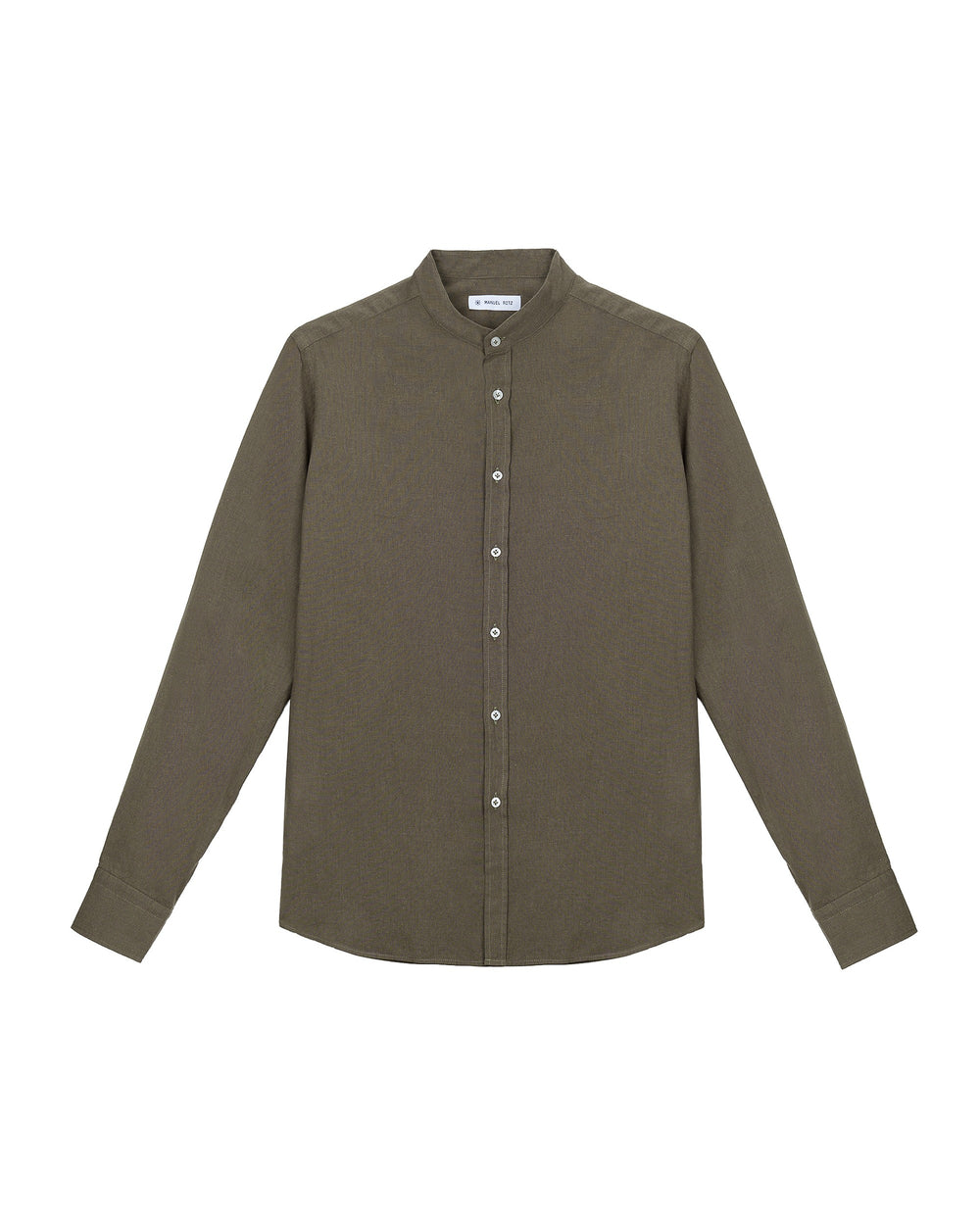 brown cotton linen korean collar shirt