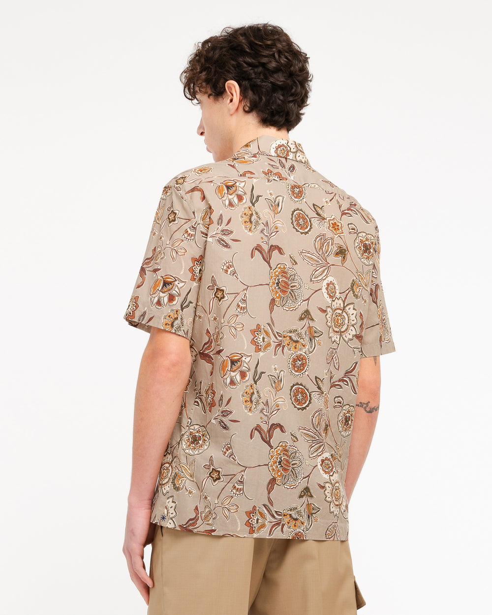 brown short sleeved macro floral cotton shirt