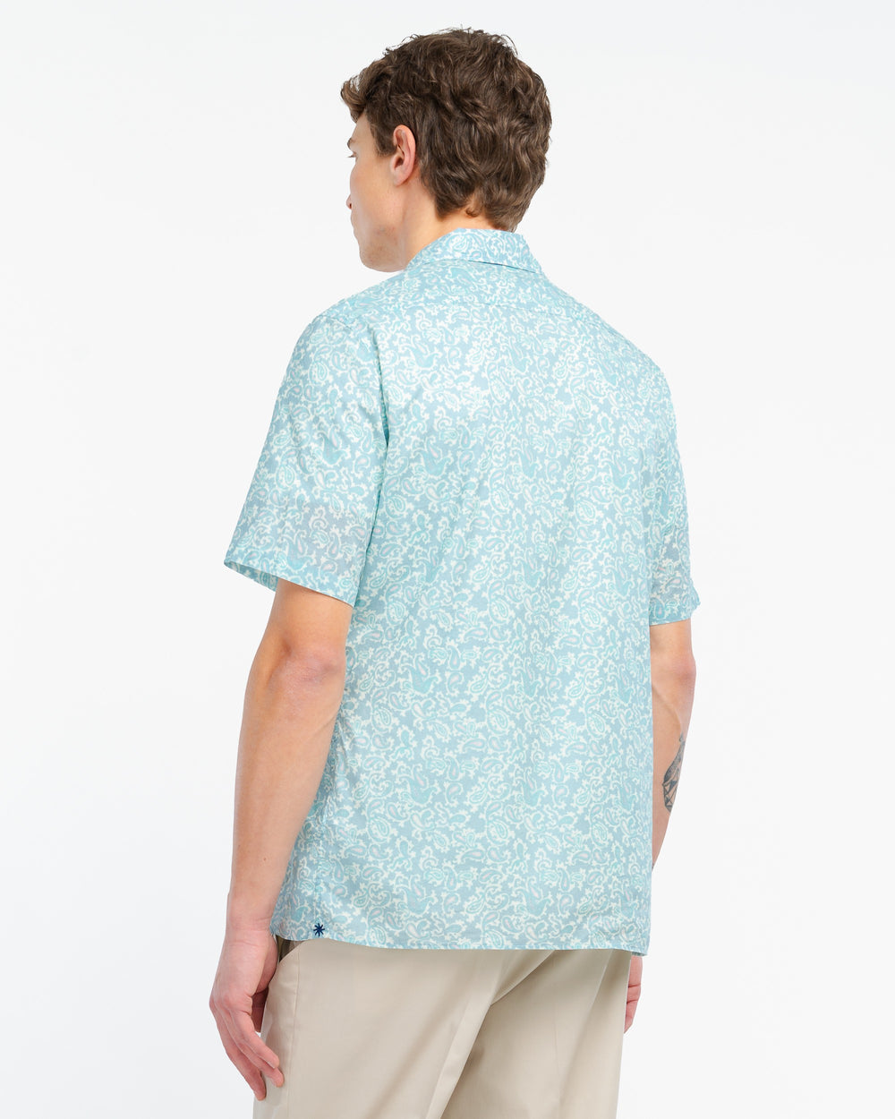 light blue short sleeved paisley cotton muslin shirt