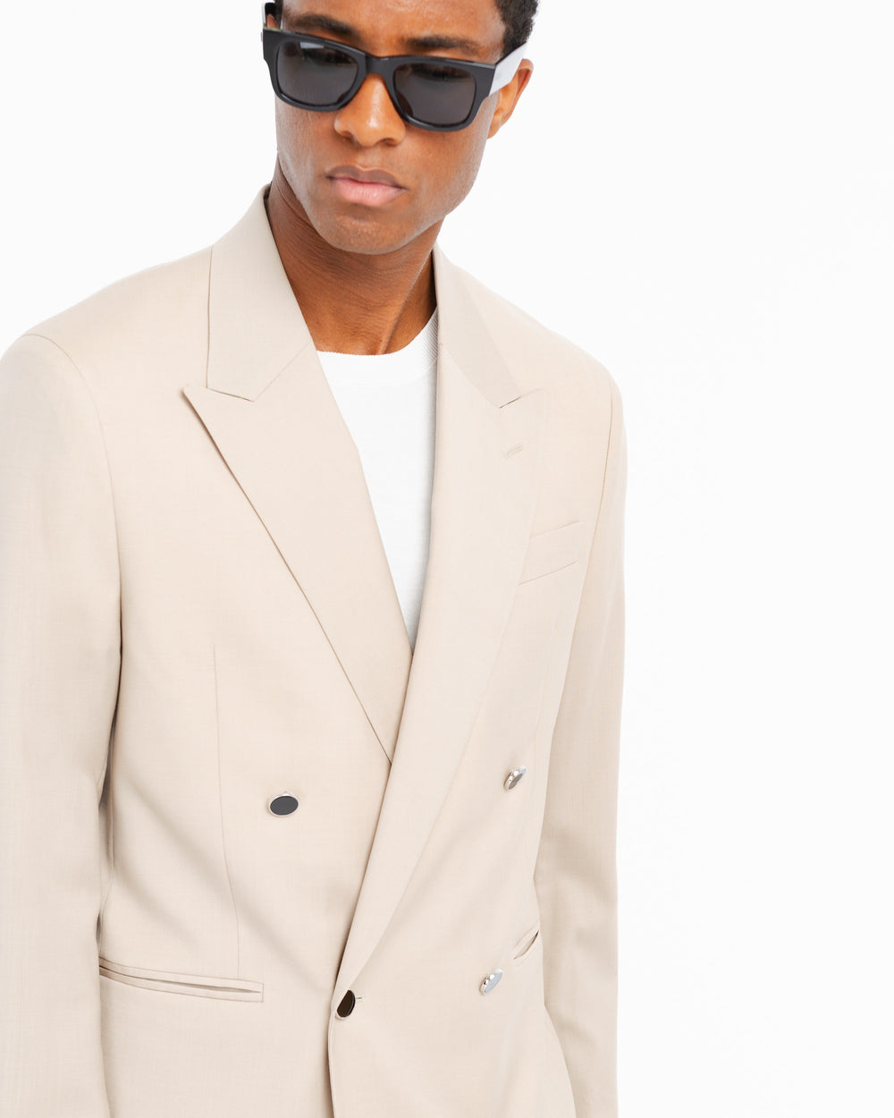 beige relaxed fit double breasted blazer in cool stretch wool
