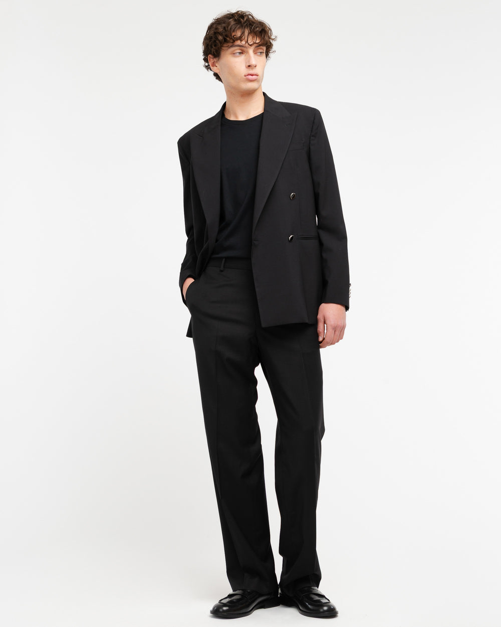 black relaxed fit double breasted blazer in cool stretch wool