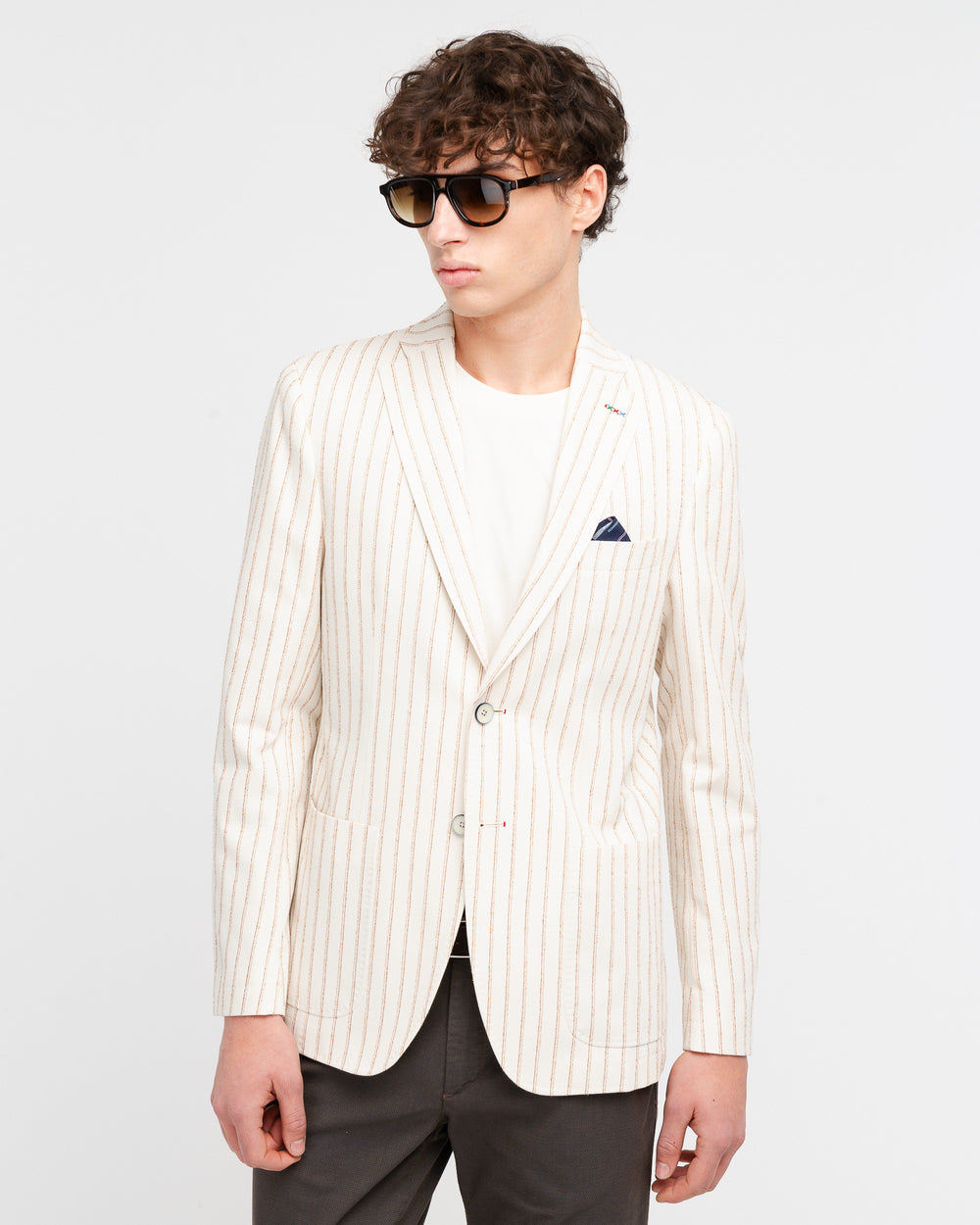 beige cotton blend pinstriped blazer