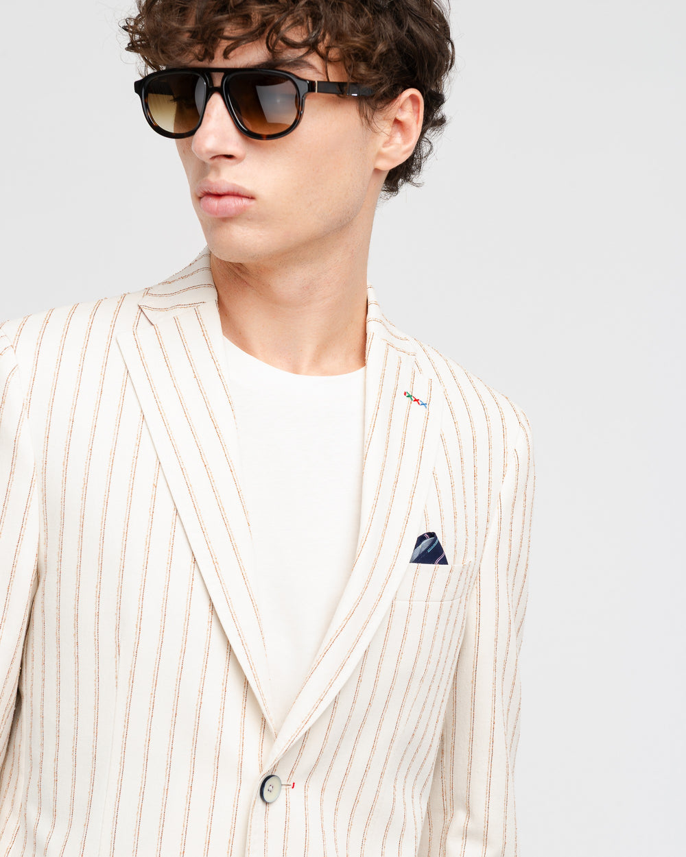 beige cotton blend pinstriped blazer