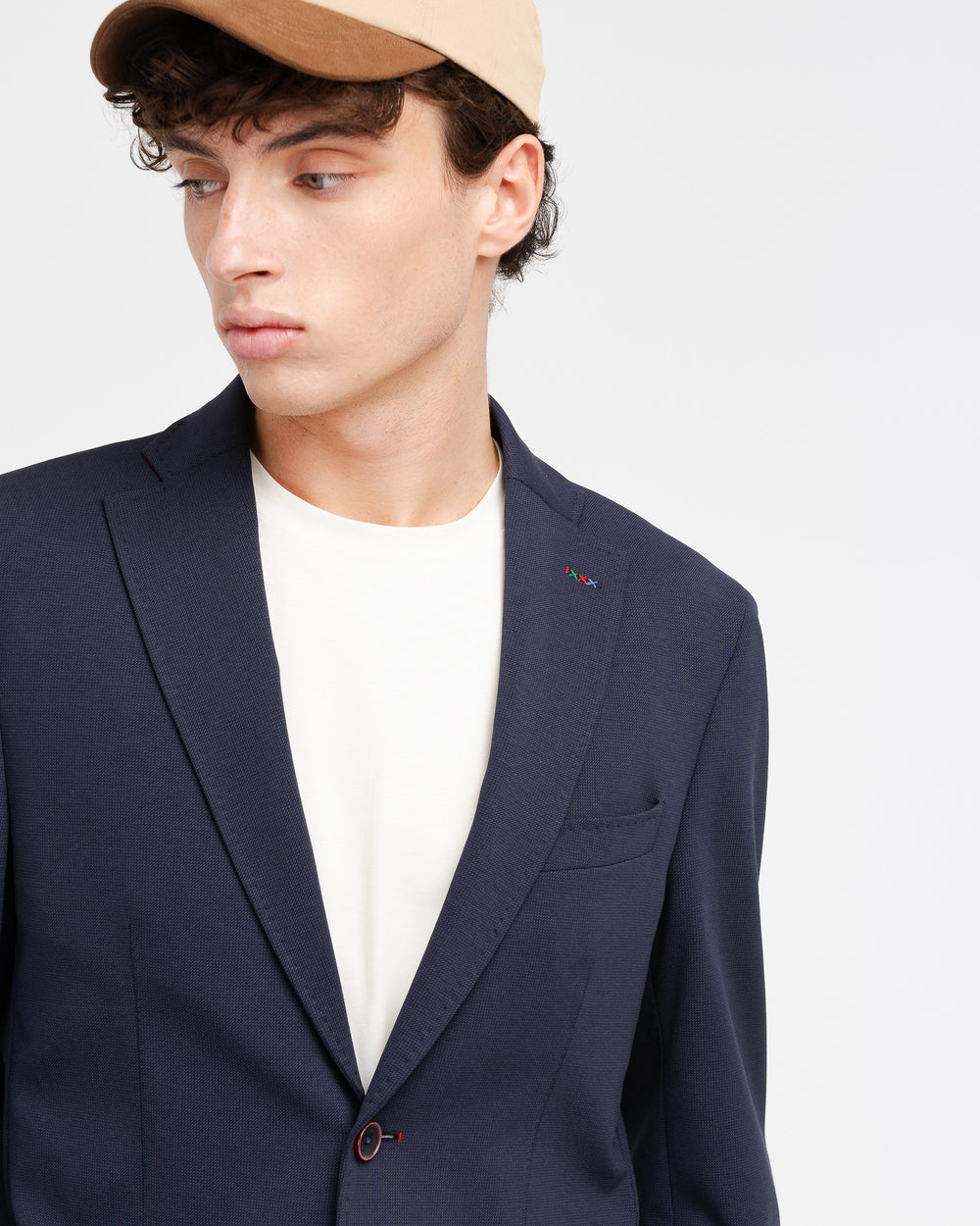 blue micro textured stretch cotton blend jersey blazer
