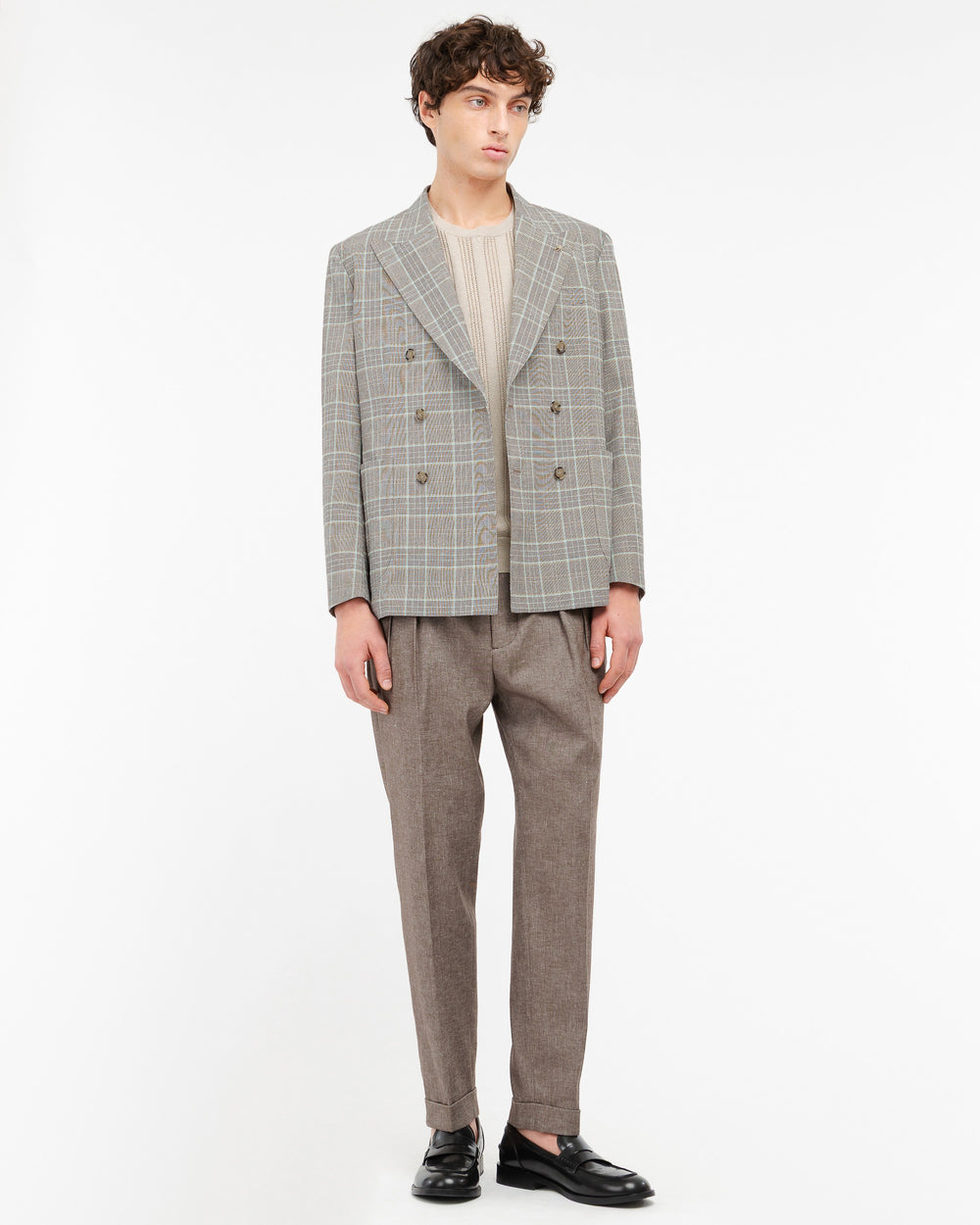 blue nuvola double breasted stretch cotton blend check blazer