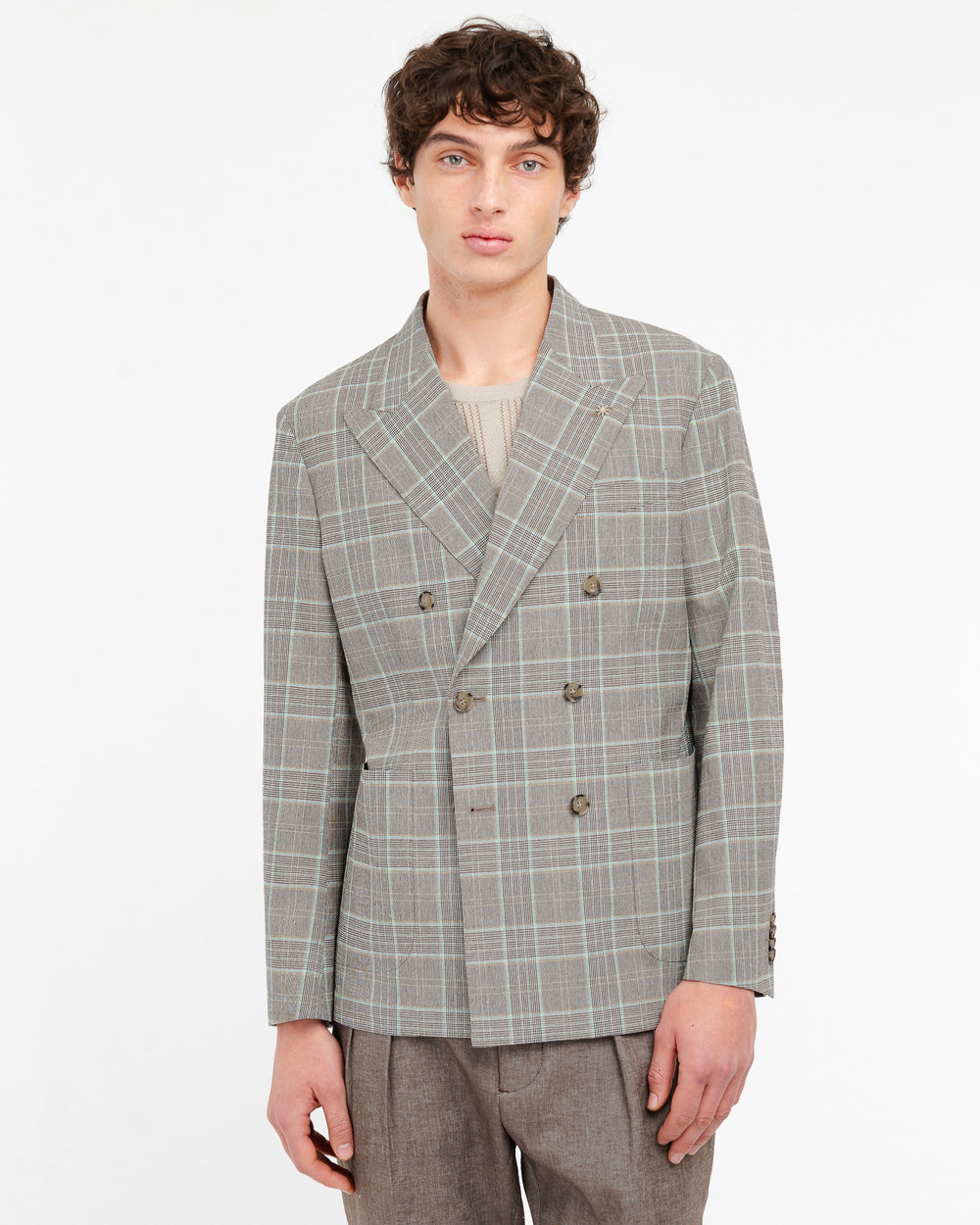 blue nuvola double breasted stretch cotton blend check blazer