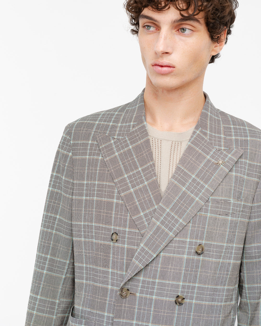 blue nuvola double breasted stretch cotton blend check blazer