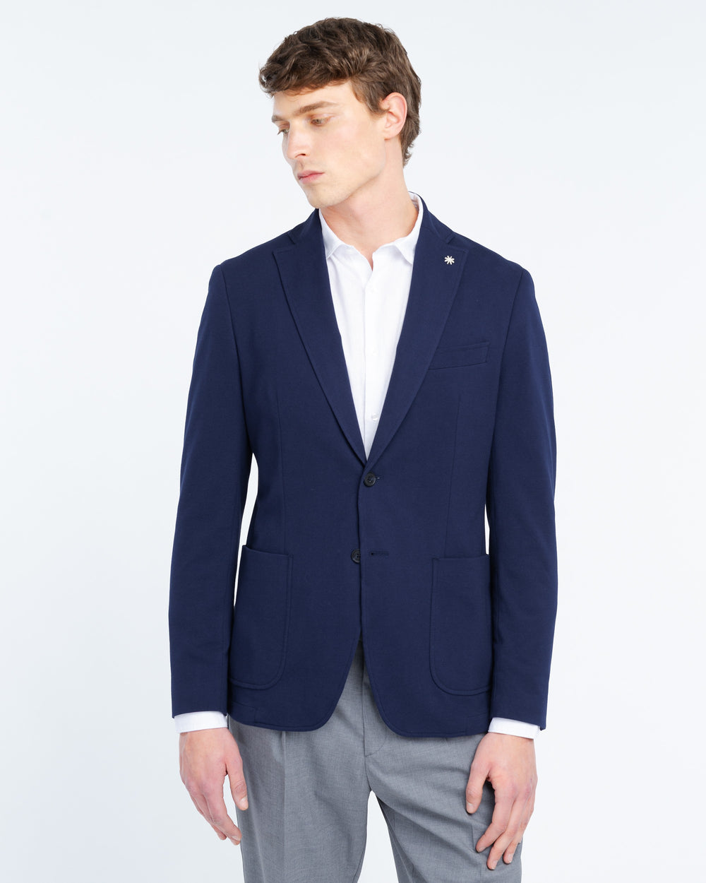 blue stretch cotton blend piqué jersey blazer