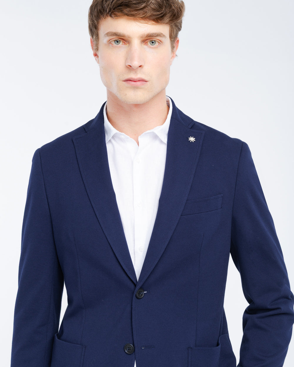 blue stretch cotton blend piqué jersey blazer