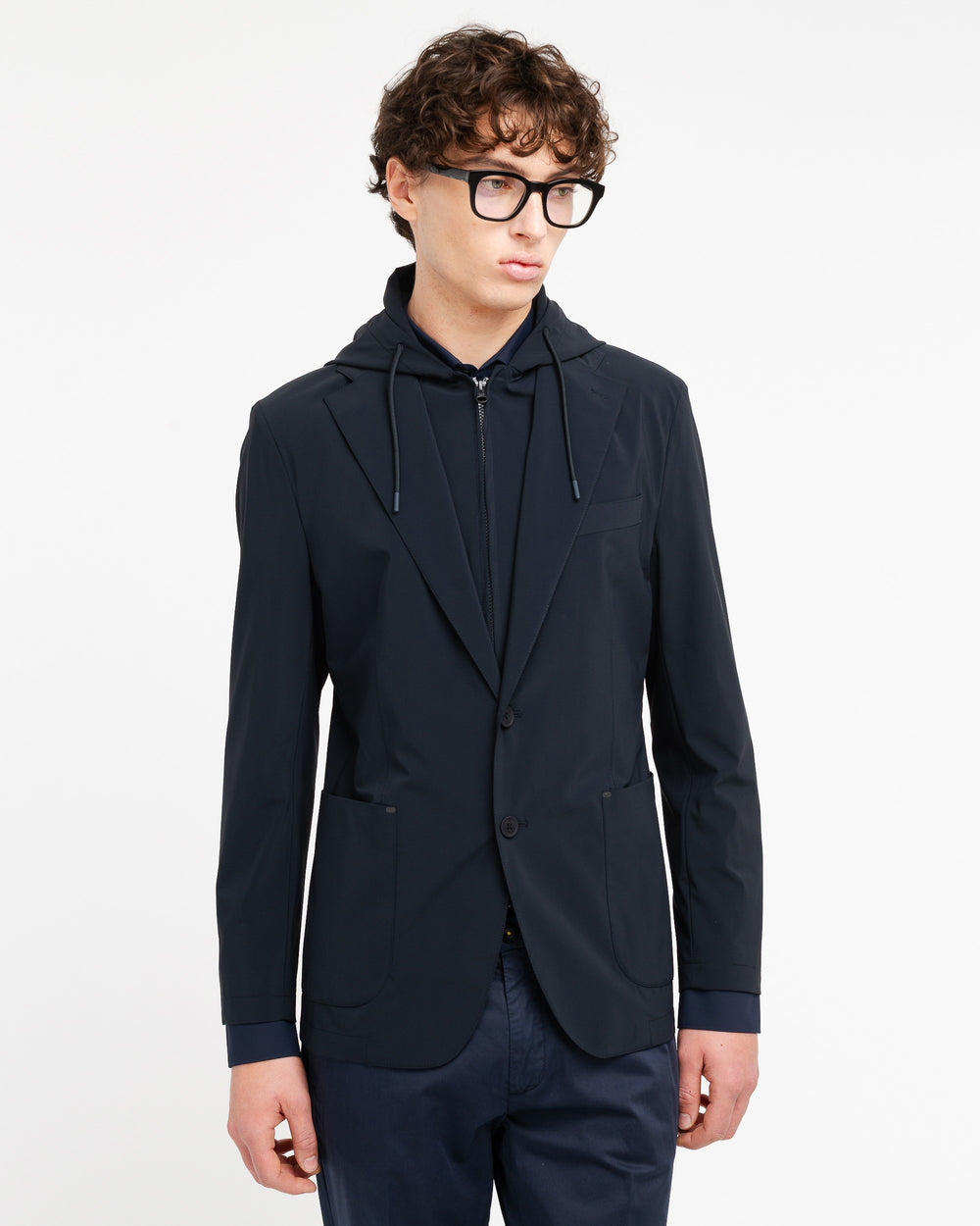 blue technical stretch hooded blazer