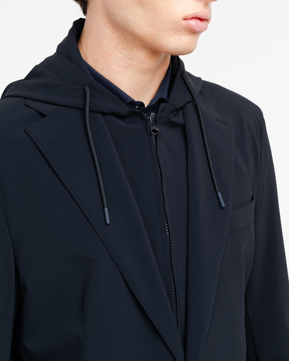 blue technical stretch hooded blazer