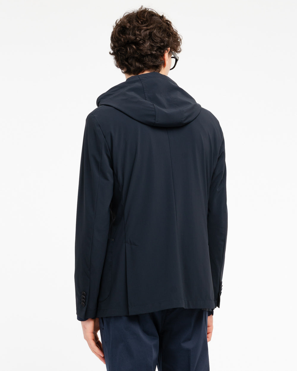 blue technical stretch hooded blazer