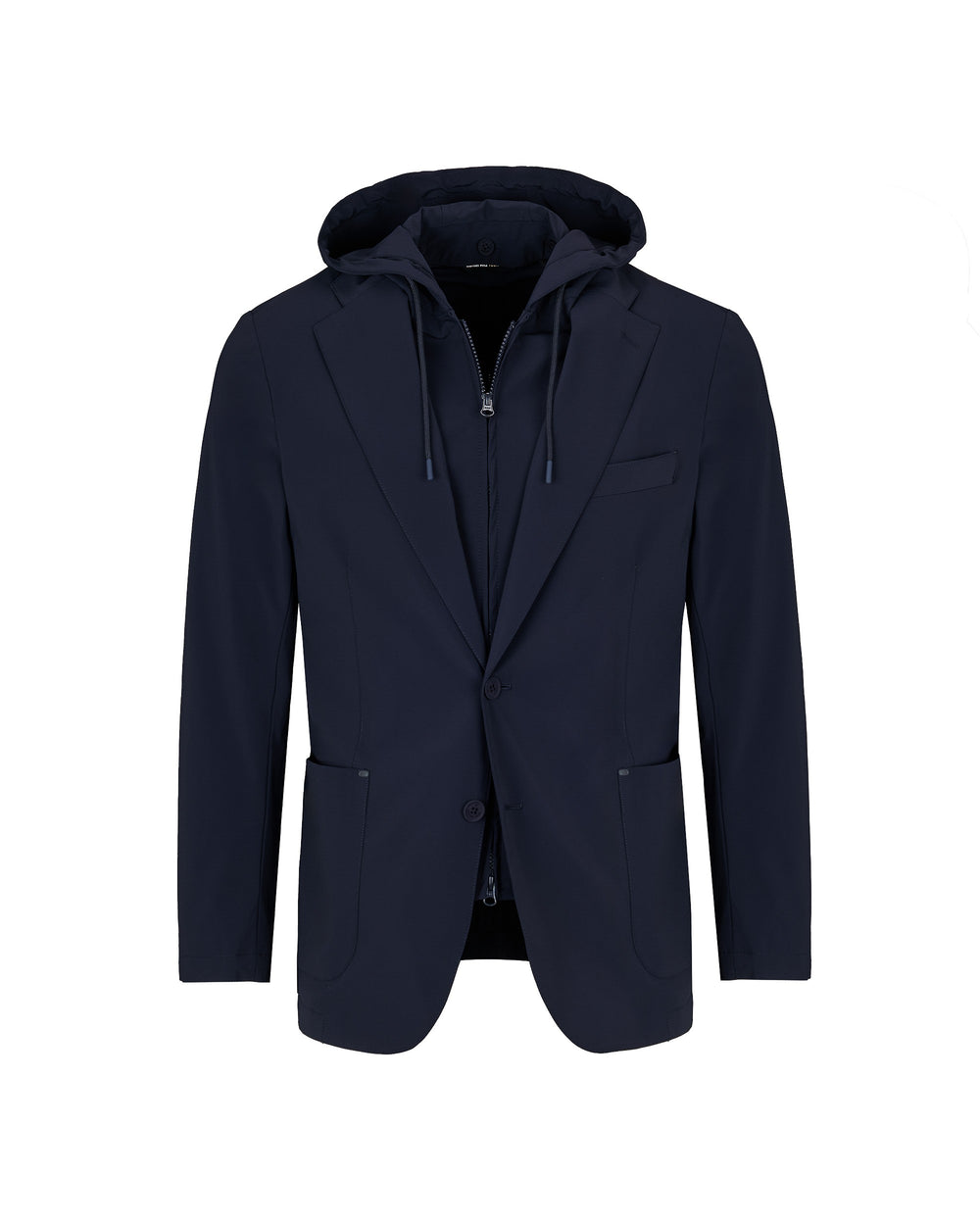 blue technical stretch hooded blazer
