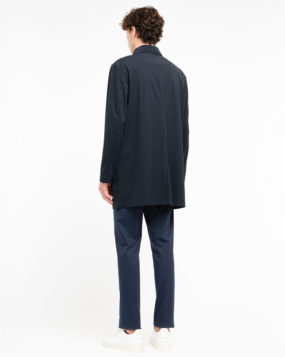 blue technical microfibre trench coat