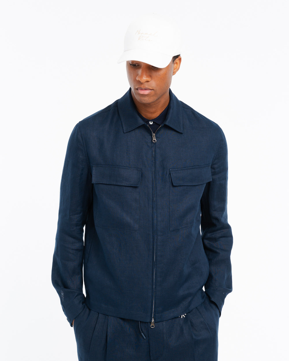 blue linen overshirt