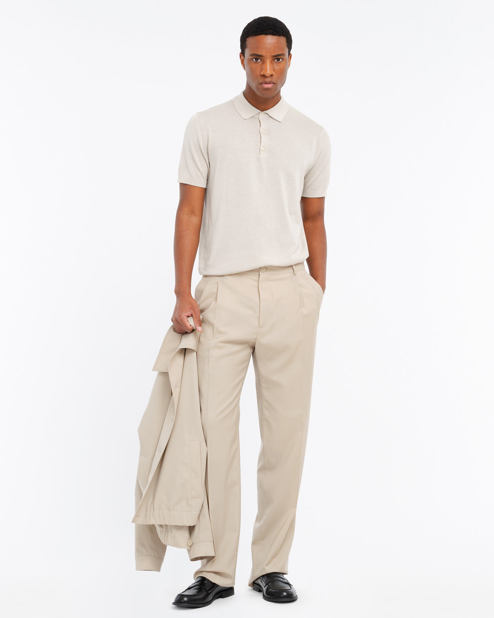 beige cotton knit polo shirt