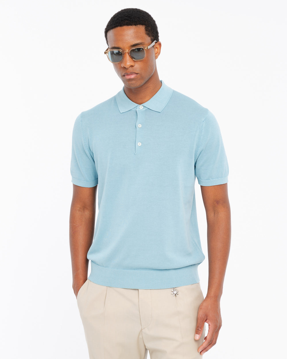 sky blue cotton knit polo shirt