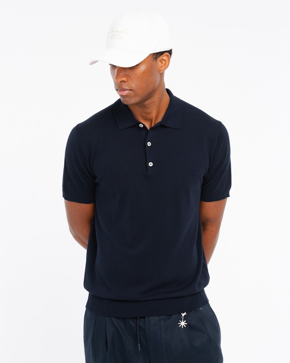 blue cotton knit polo shirt