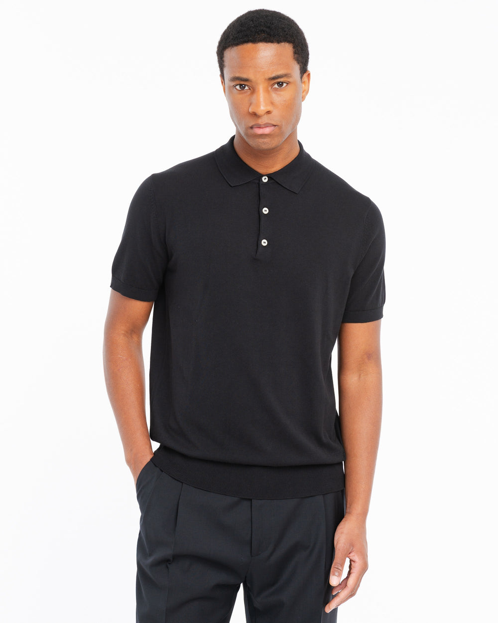 black cotton knit polo shirt