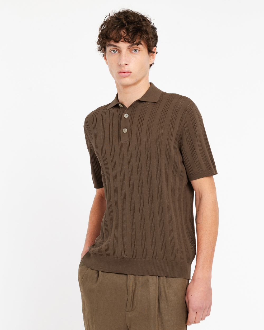 brown vertical striped perforated cotton polo shirt